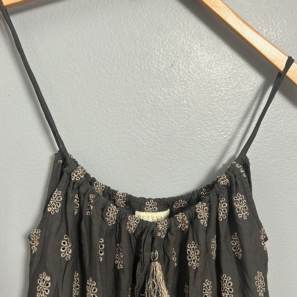 Ruby Yaya Grey Gold Eyelet Stitch Cold Sleeveless Layered Mini Dress size S - Picture 6 of 14